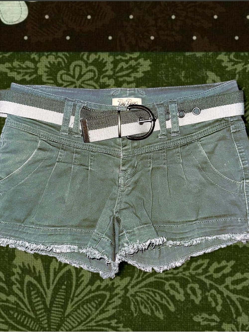 Bebop Green Frayed Hem Women's Shorts with Stripe Belt